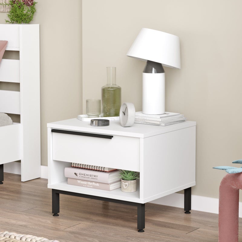 Home Canvas  Lunar Bed Side Table with Drawer & Open Shelf, White - Image 1